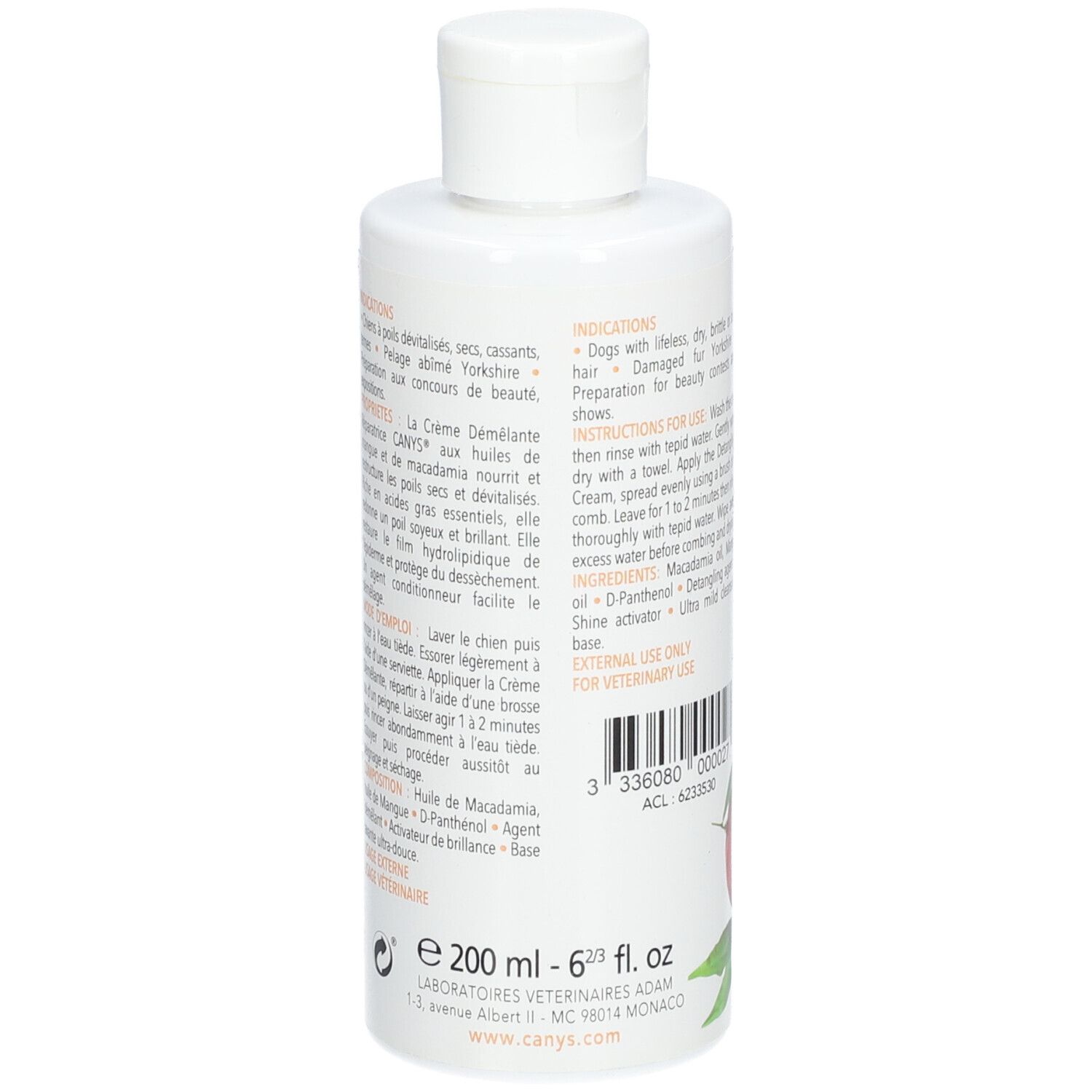 Dos du flacon blanc CANYS® Conditioner. Texte et code-barres. Bouchon en haut.