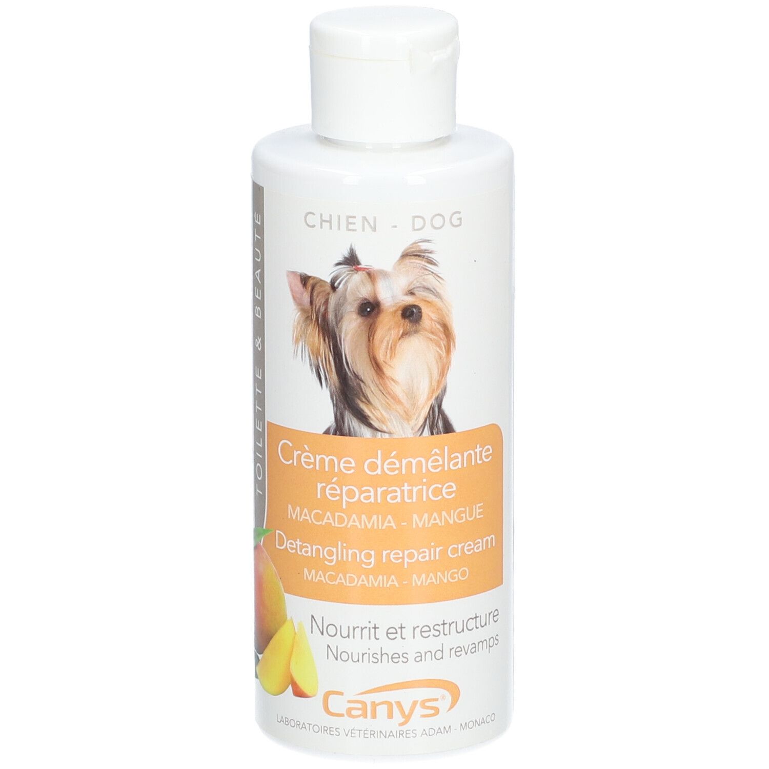 Flacon blanc CANYS® Conditioner. Étiquette avec chien, mangue et nom du produit. Bouchon en haut.