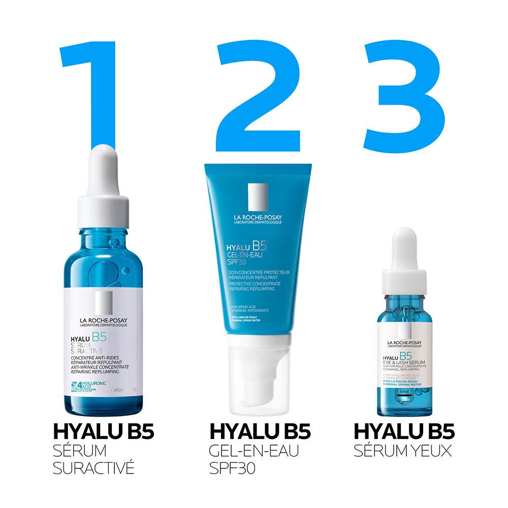 Trois produits: Hyalu B5 Sérum Suractivé, Hyalu B5 Gel-en-Eau SPF30, Hyalu B5 Sérum Yeux.