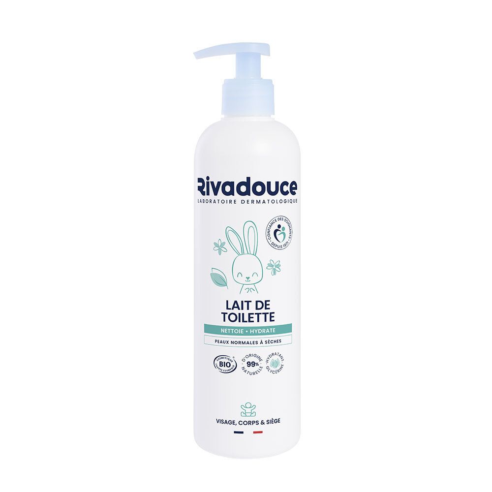 Flacon blanc avec pompe bleue. Inscription: Rivadouce, Lait de Toilette. Label bio et illustration d'un lapin.