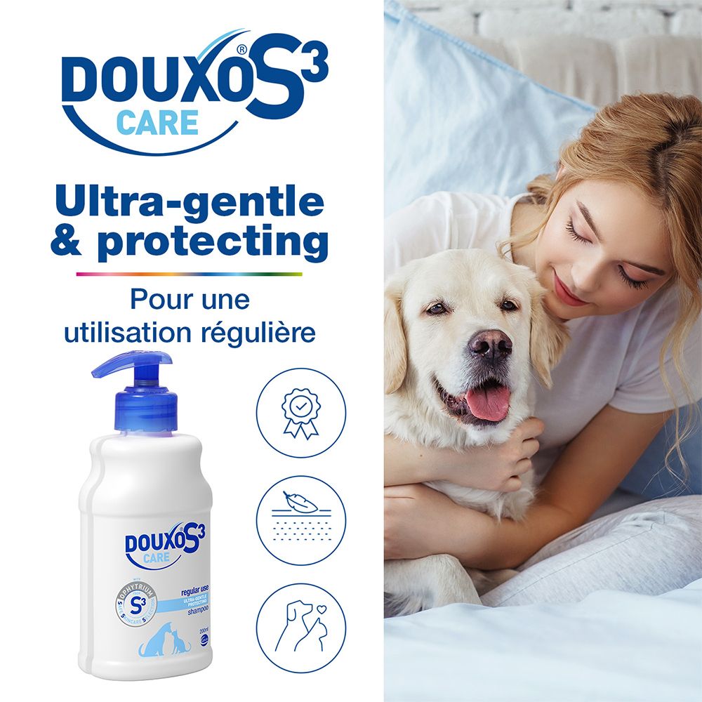 Femme câlinant un chien. À côté, flacon Douxo S3 Care. Texte: Ultra-doux & protecteur. Pour une utilisation régulière.