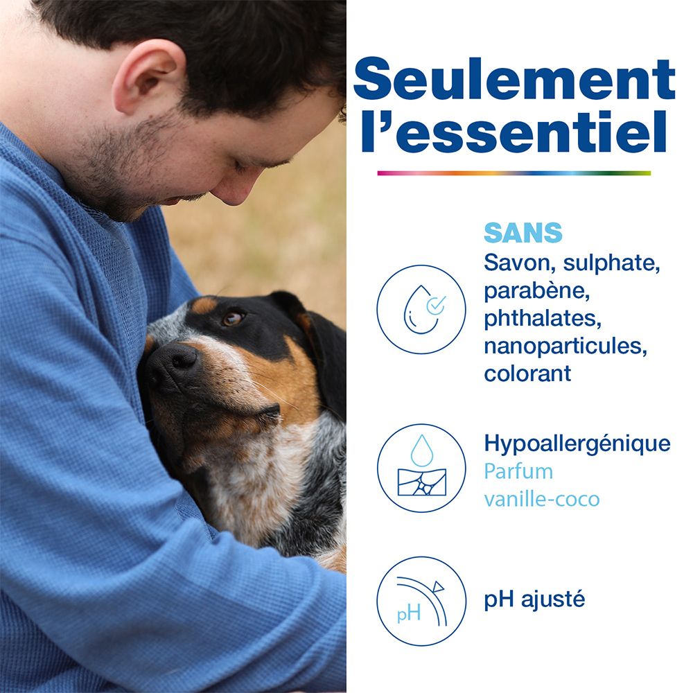 Homme câlinant un chien. Texte: Seulement l'essentiel. Sans savon, sulfates, parabènes, phtalates, nanoparticules, colorant. Hypoallergénique.