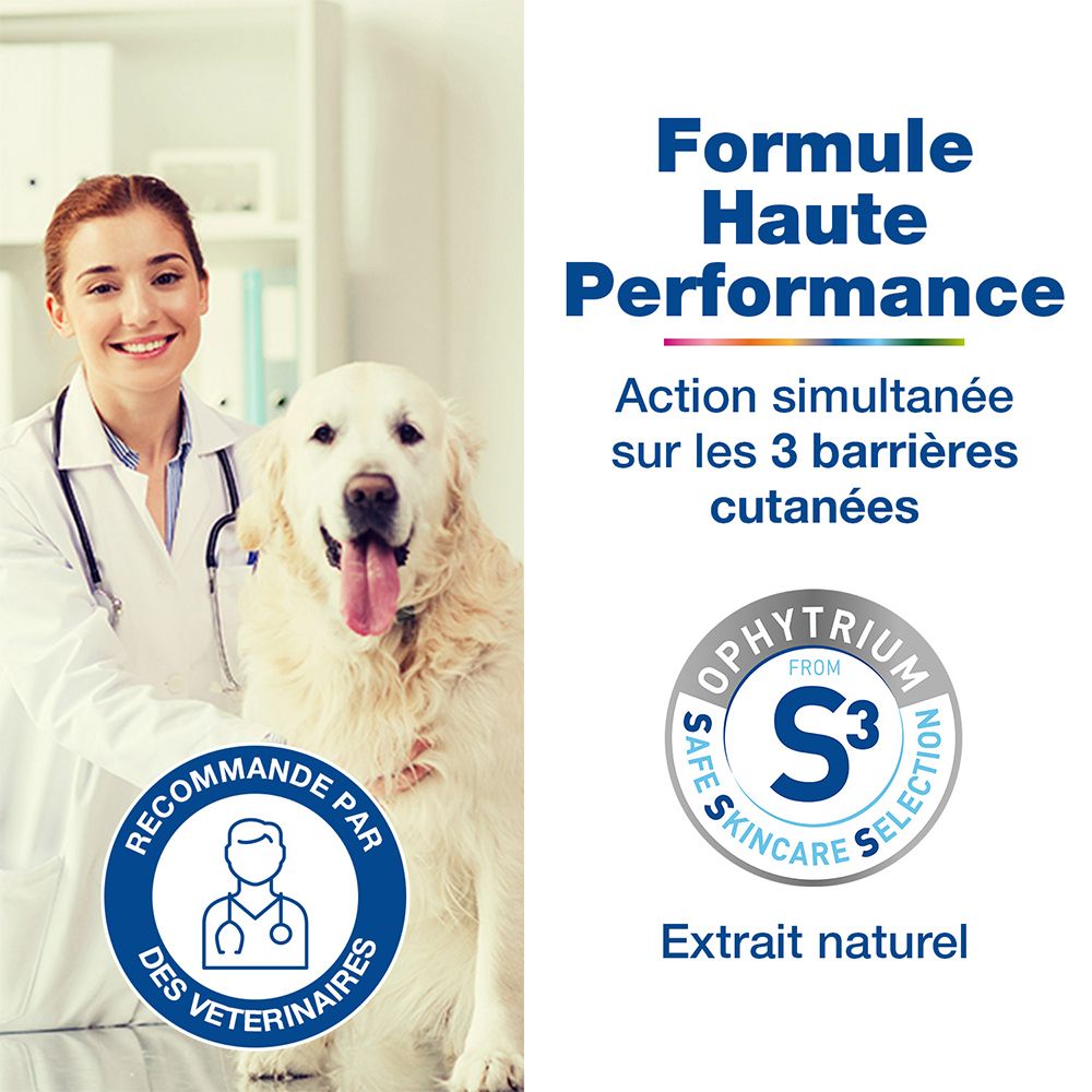 Vétérinaire avec chien. Texte: Formule Haute Performance. Agit sur 3 barrières cutanées. Recommandé par les vétérinaires. Certification S3.