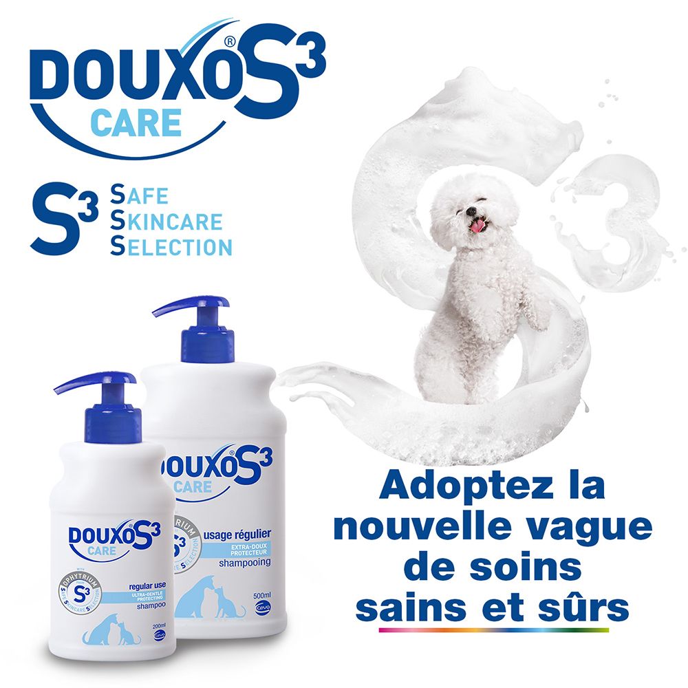 Deux flacons Douxo S3 Care. Texte: S3 Safe Skincare Selection. Adoptez la nouvelle vague de soins sains et sûrs.