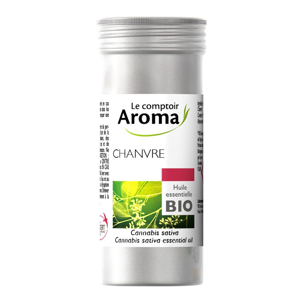 Emballage cylindrique en métal. Étiquette "Le comptoir Aroma", "Chanvre", "Huile essentielle BIO".