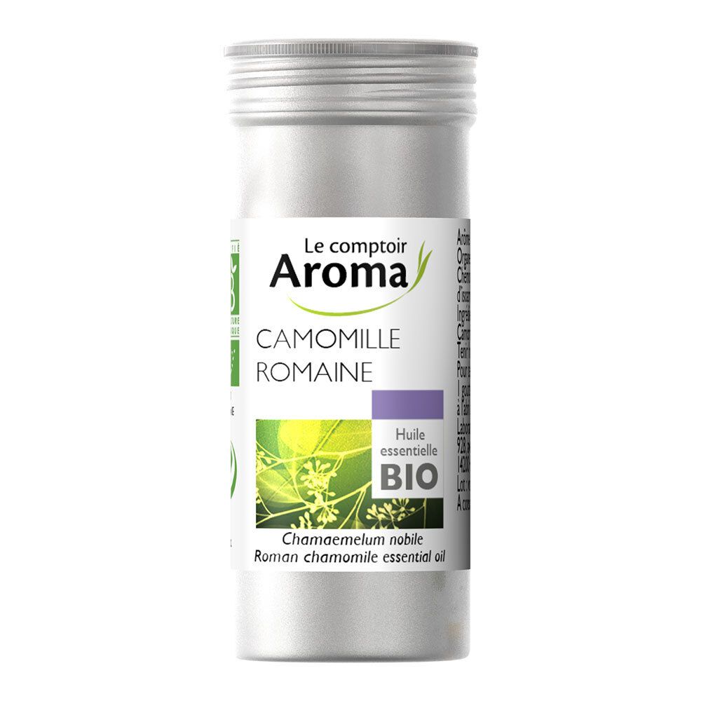 Emballage cylindrique en métal. Étiquette avec informations produit et label bio. Huile de camomille.