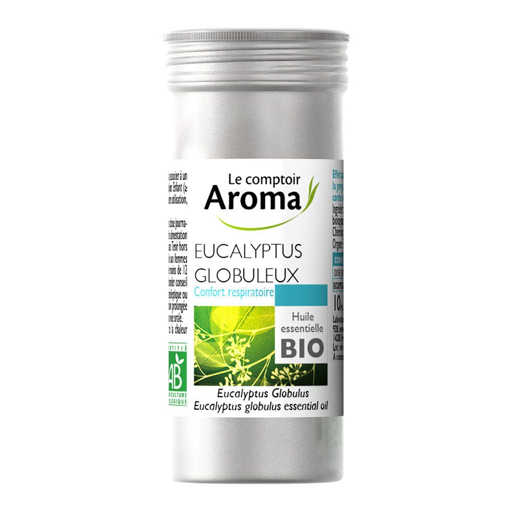 Emballage cylindrique en métal avec étiquette. Nom du produit : Eucalyptus globuleux. Logo et certification bio.