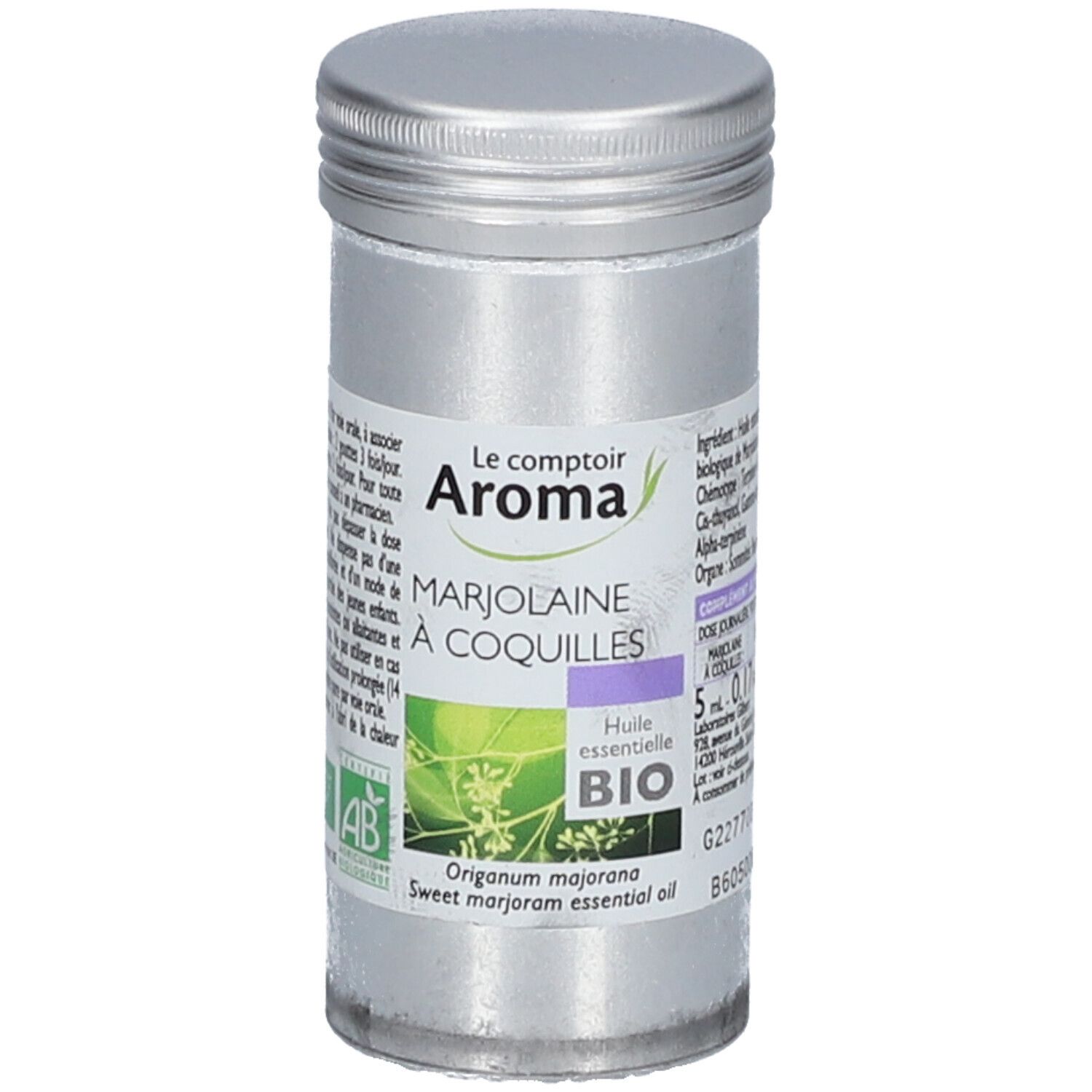 Flacon cylindrique avec bouchon à vis. Inscription: Le Comptoir Aroma, Marjolaine à Coquilles, BIO. Contient de l'huile essentielle. Certification AB.