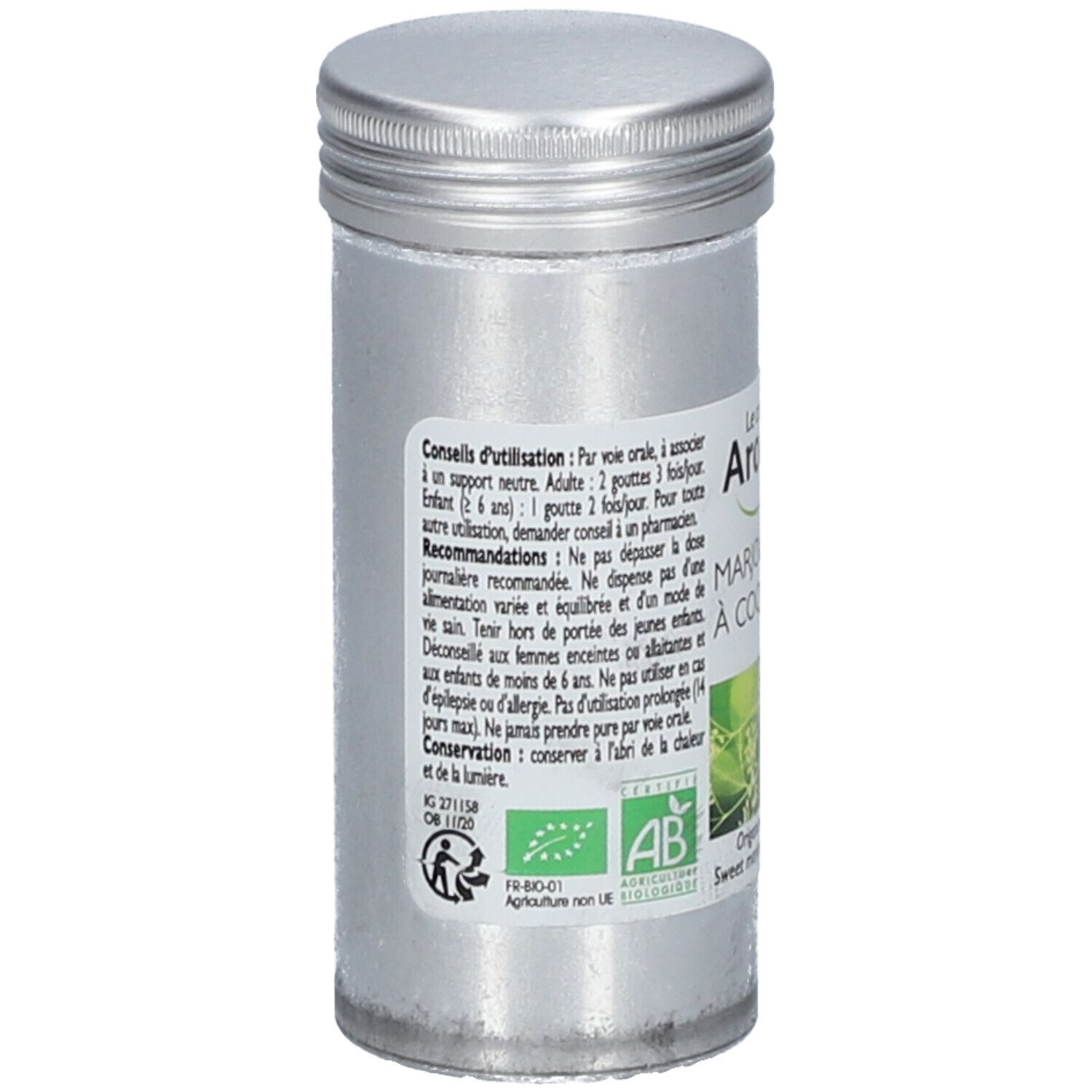 Flacon cylindrique avec bouchon à vis. Inscription: Conseils d'utilisation. Contient des informations sur l'utilisation et le stockage. Certification AB.