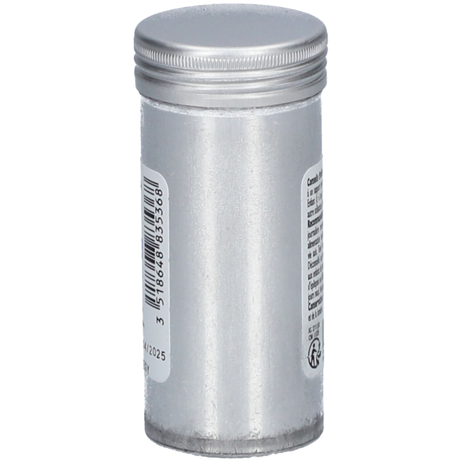 Flacon cylindrique avec bouchon à vis. Inscription: Code-barres et date de péremption. Fond gris.