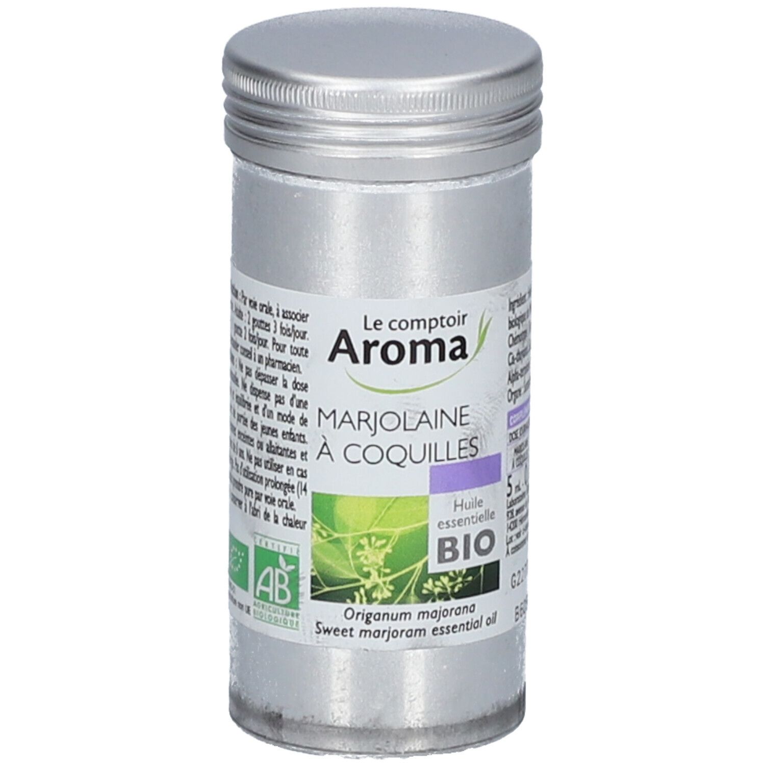 Flacon cylindrique avec bouchon à vis. Inscription: Le Comptoir Aroma, Marjolaine à Coquilles, BIO. Contient de l'huile essentielle. Certification AB.