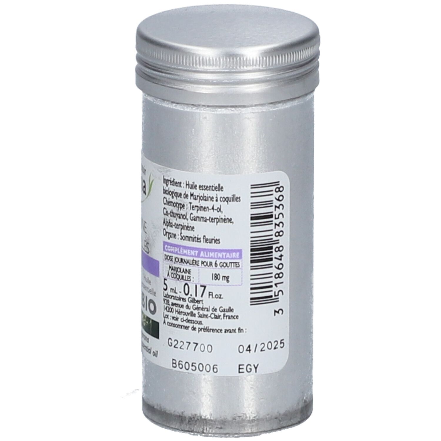 Flacon cylindrique avec bouchon à vis. Inscription: Le Comptoir Aroma, Marjolaine à Coquilles, BIO. Contient de l'huile essentielle. Date de péremption.