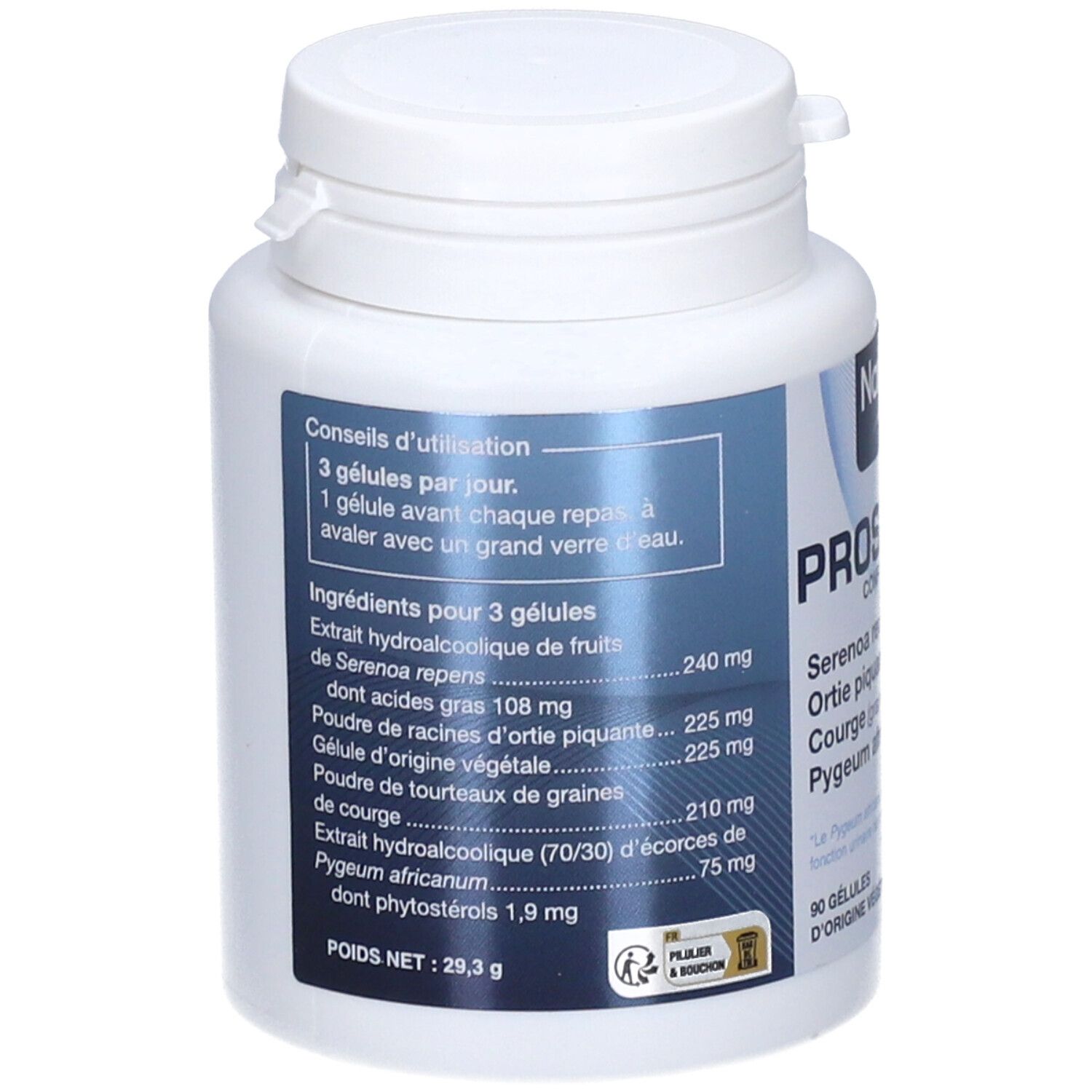Dosage et ingrédients de Prostapaise. 3 gélules par jour. Ingrédients : Serenoa repens, Ortie piquante, Courge, Pygeum africanum.