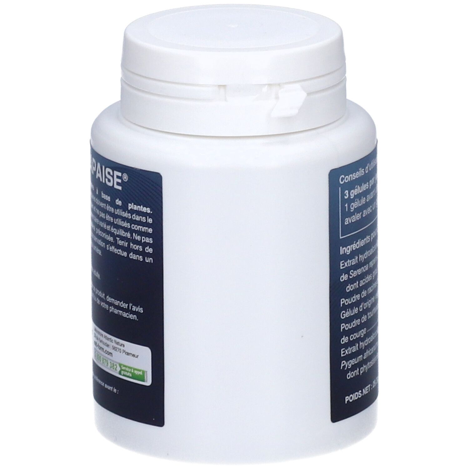 Vue latérale du flacon Prostapaise. Contient des informations sur les ingrédients et le dosage.
