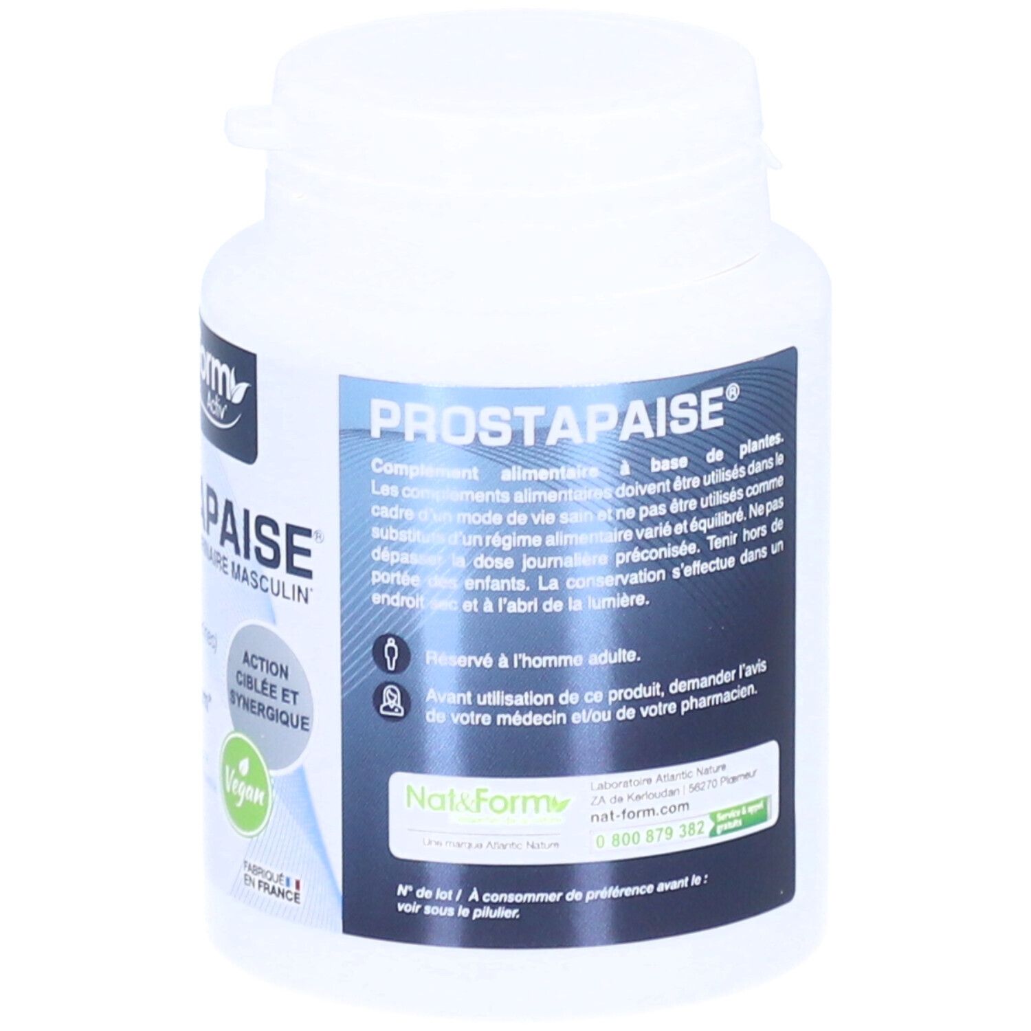 Face avant du flacon Prostapaise. Contient des informations sur les ingrédients et le dosage. Label Vegan.