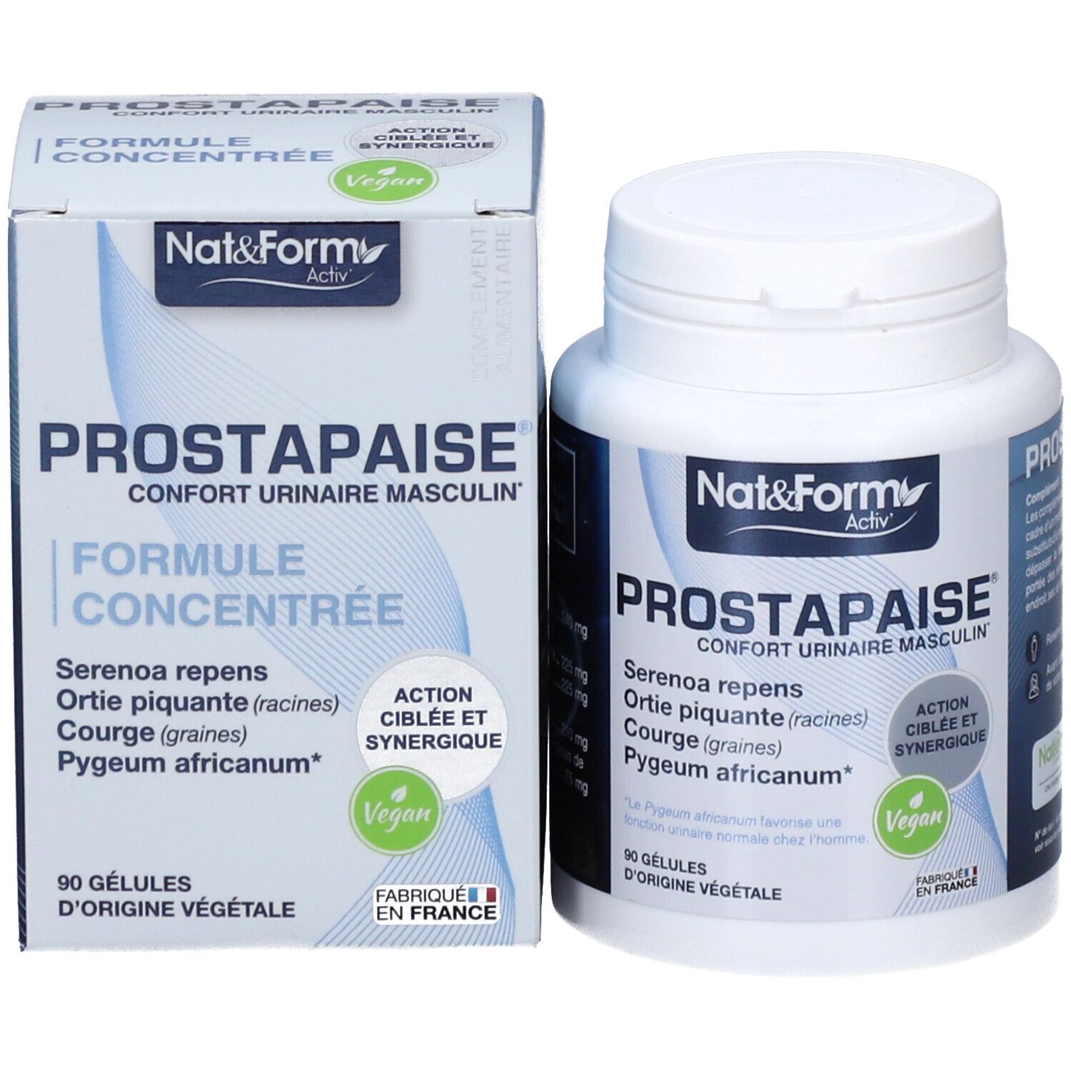 Emballage du produit : flacon et boîte Prostapaise. Ingrédients : Serenoa repens, Ortie piquante, Courge, Pygeum africanum. 90 gélules.
