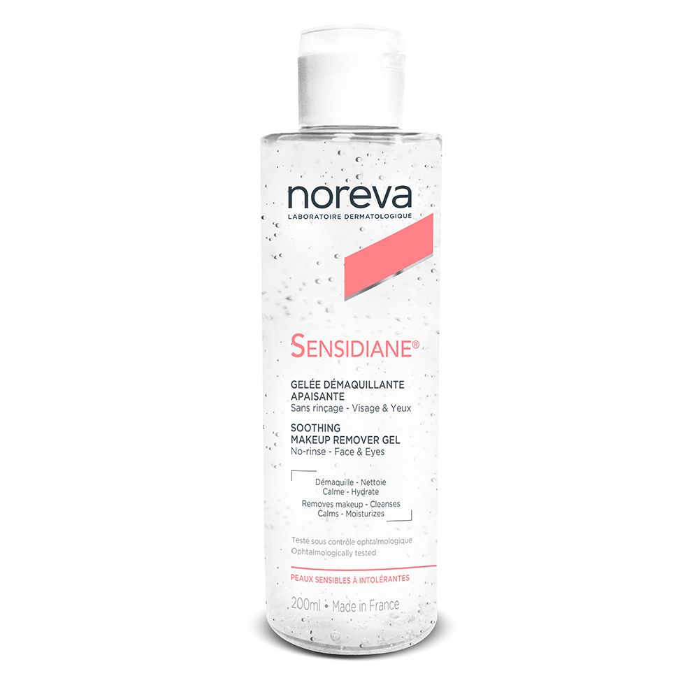 Flacon transparent avec bouchon blanc. Inscriptions : noreva, SENSIDIANE, gel démaquillant apaisant. 200ml.