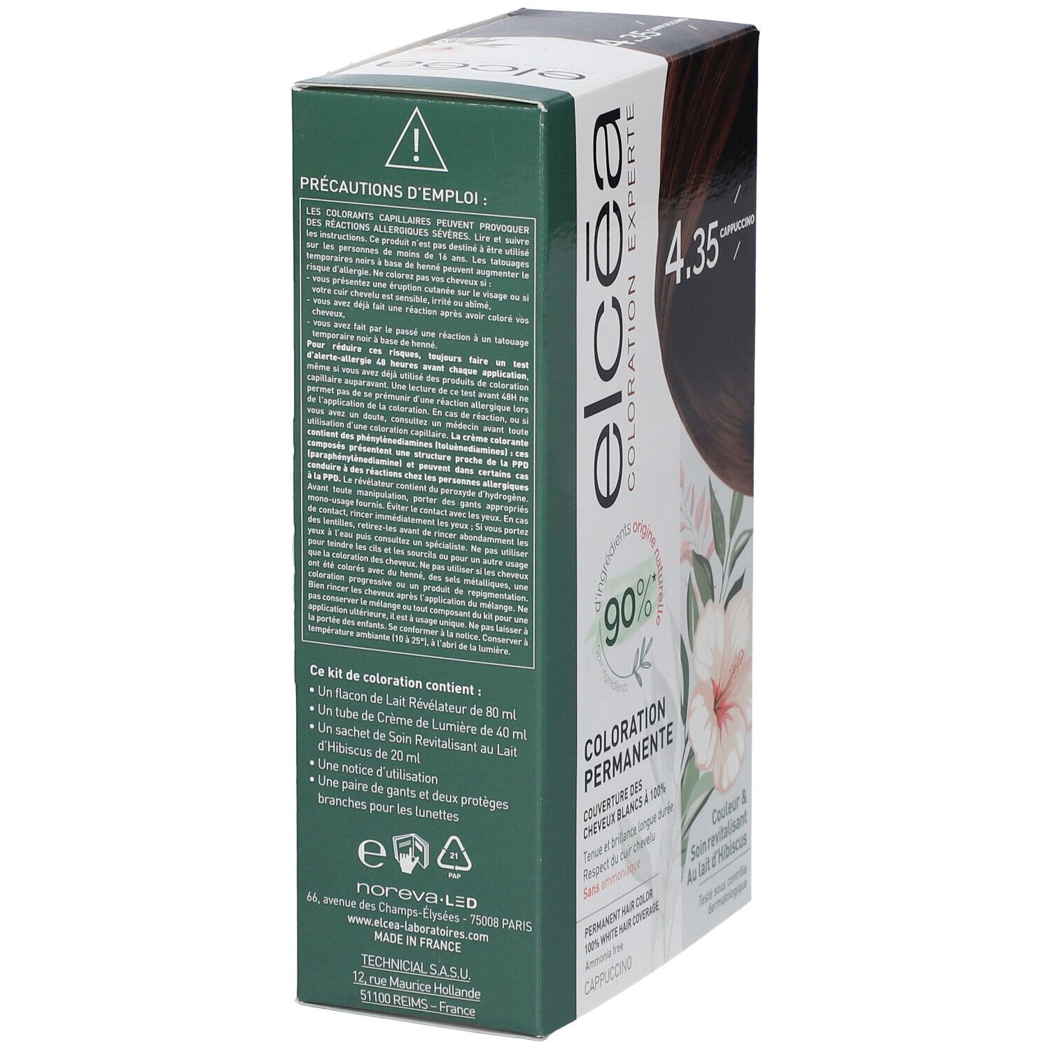 Dos de la boîte de coloration. Contient des avertissements et des ingrédients. Elcéa Coloration Permanente. 90% ingrédients naturels.