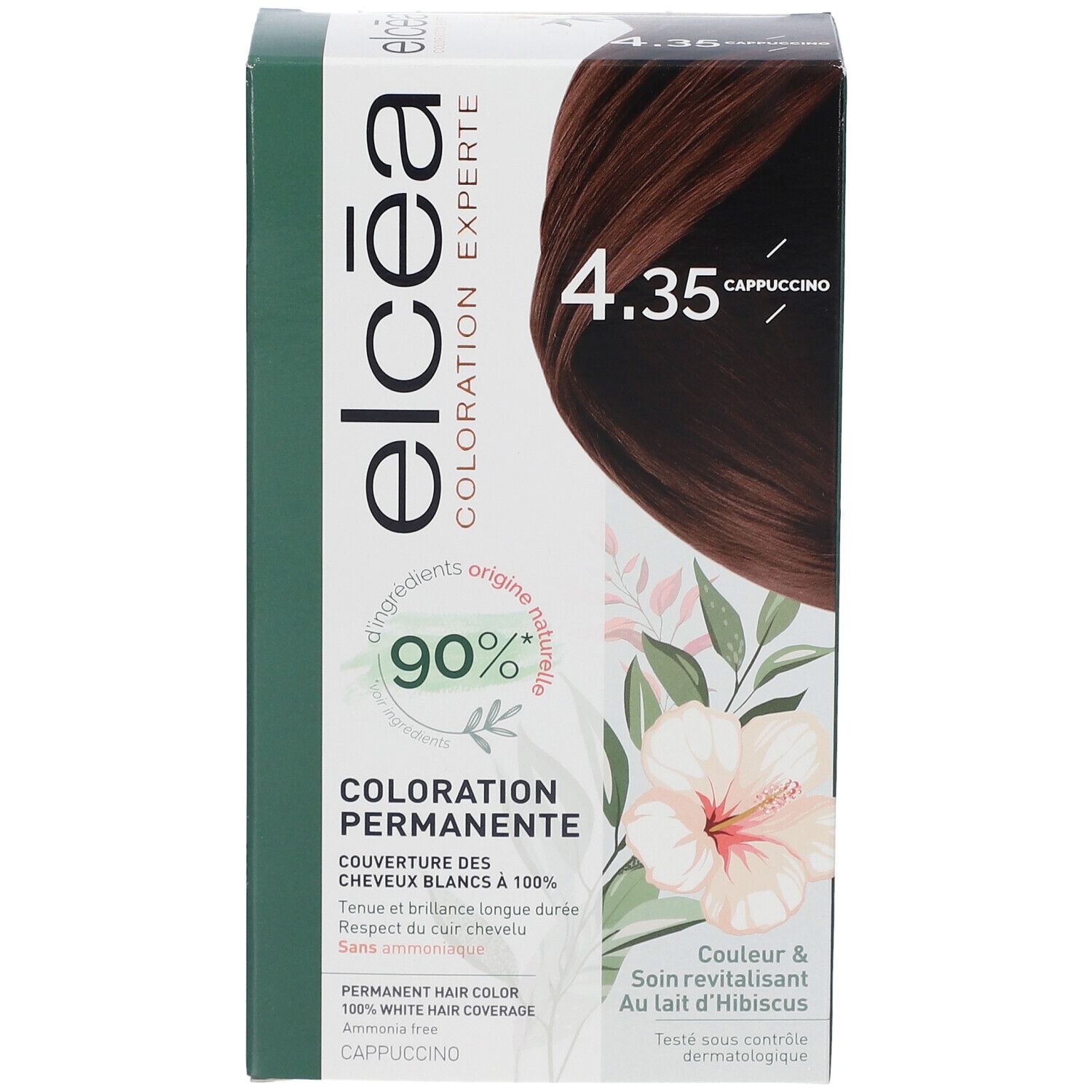 Boîte de coloration capillaire Elcéa 4.35 Capuccino. 90% d'ingrédients naturels. Couvre 100% des cheveux blancs.