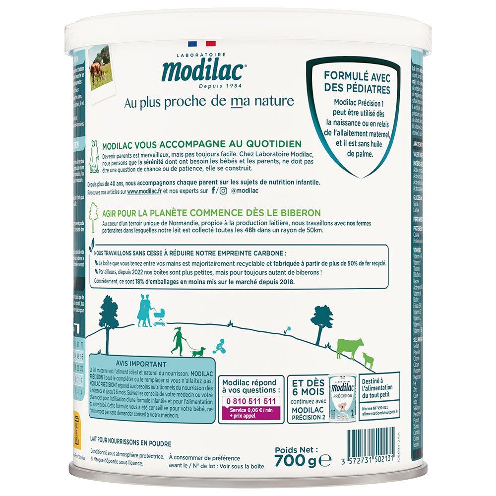 Arrière de la boîte Modilac Précision 1 avec informations sur la fabrication et la marque.