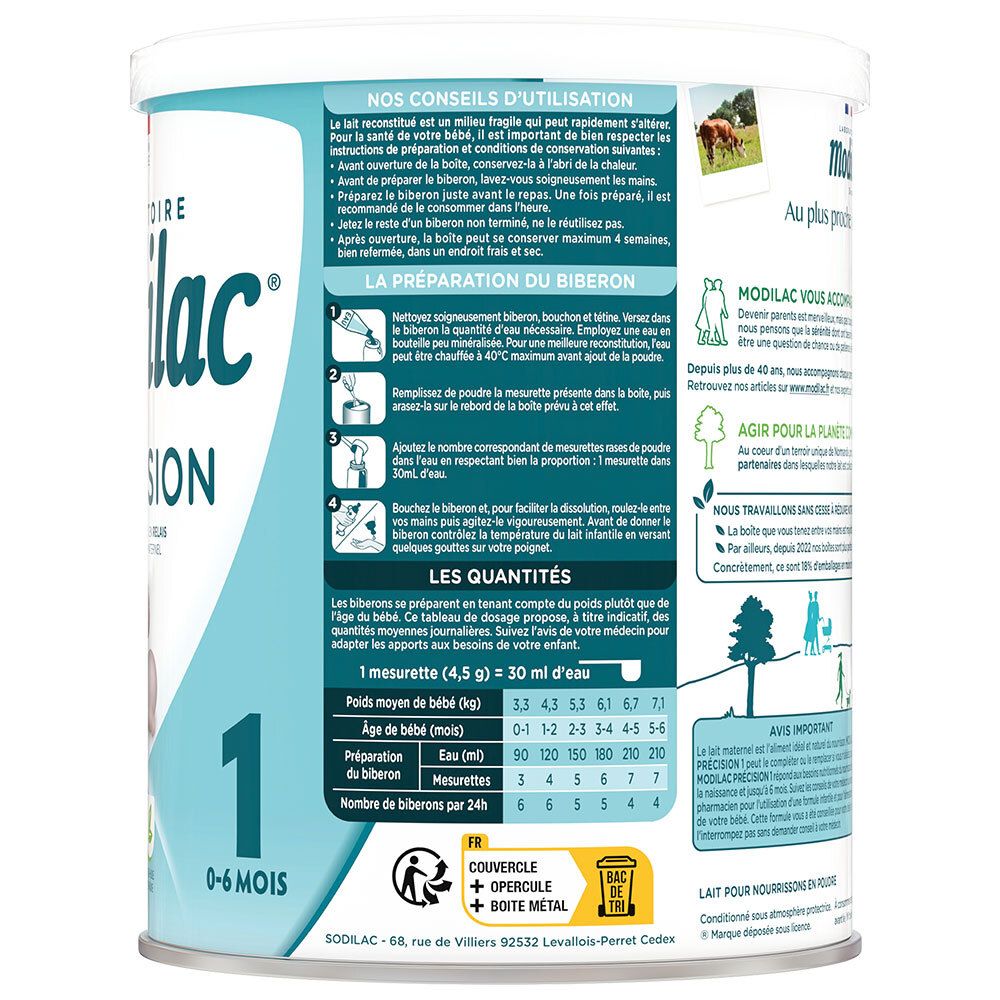 Côté de la boîte Modilac Précision 1 avec instructions de préparation et dosage.