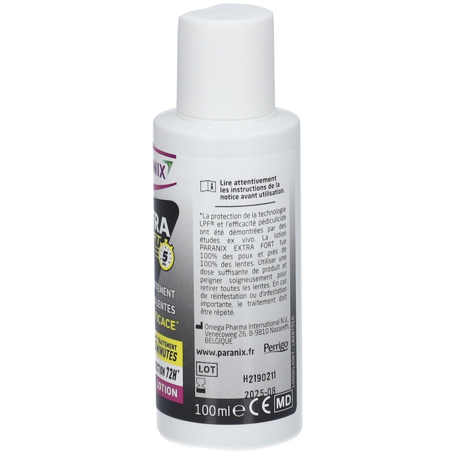 Flacon blanc PARANIX EXTRA FORT. Texte: Mode d'emploi, 100ml, marquage CE.