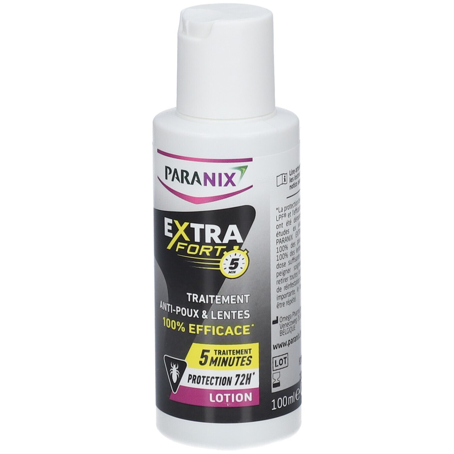 Flacon blanc PARANIX EXTRA FORT. Texte: Anti-poux & lentes, 100% efficace. Traitement 5 minutes. Lotion.
