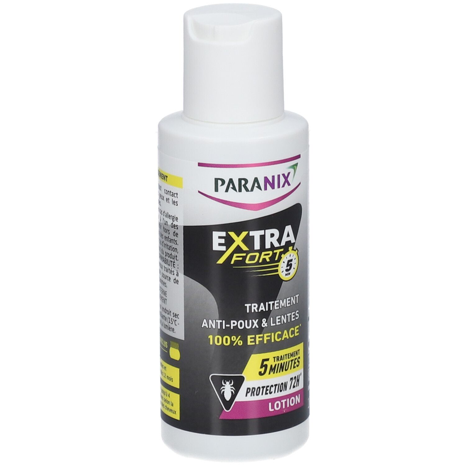 Flacon blanc PARANIX EXTRA FORT. Texte: Anti-poux & lentes, 100% efficace. Traitement 5 minutes. Lotion.