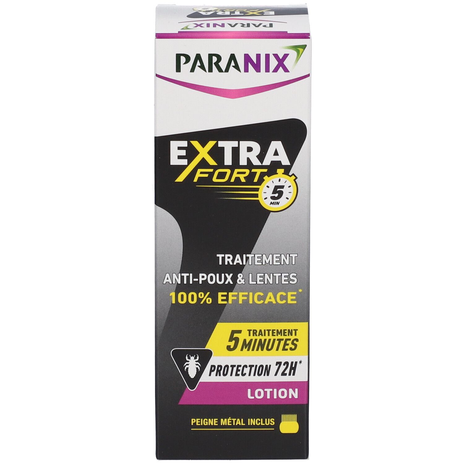 Boîte PARANIX EXTRA FORT. Texte: Anti-poux & lentes, 100% efficace. Traitement 5 minutes. Peigne métal inclus.