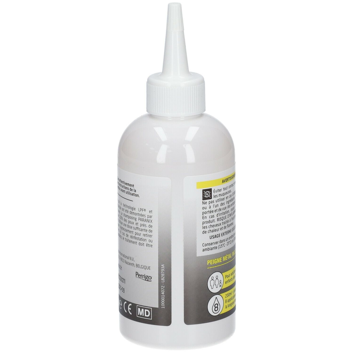 Flacon blanc avec embout applicateur. Inscriptions: Paranix Extra Fort. Verso avec informations et marquage CE.