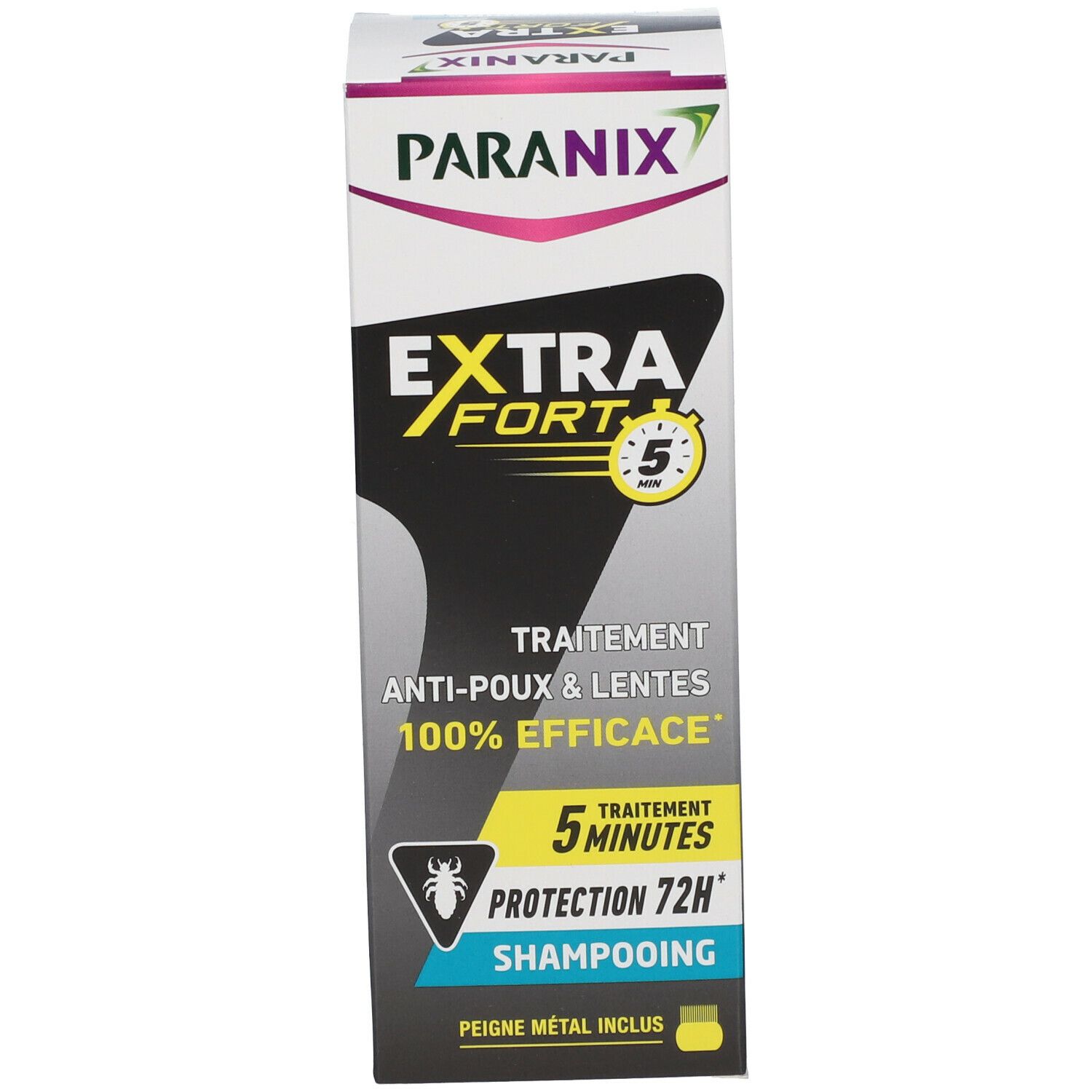 Emballage du produit. Inscriptions: Paranix Extra Fort, Anti-Poux & Lentes, 100% Efficace, 5 Minutes, Shampooing. Peigne métal inclus.