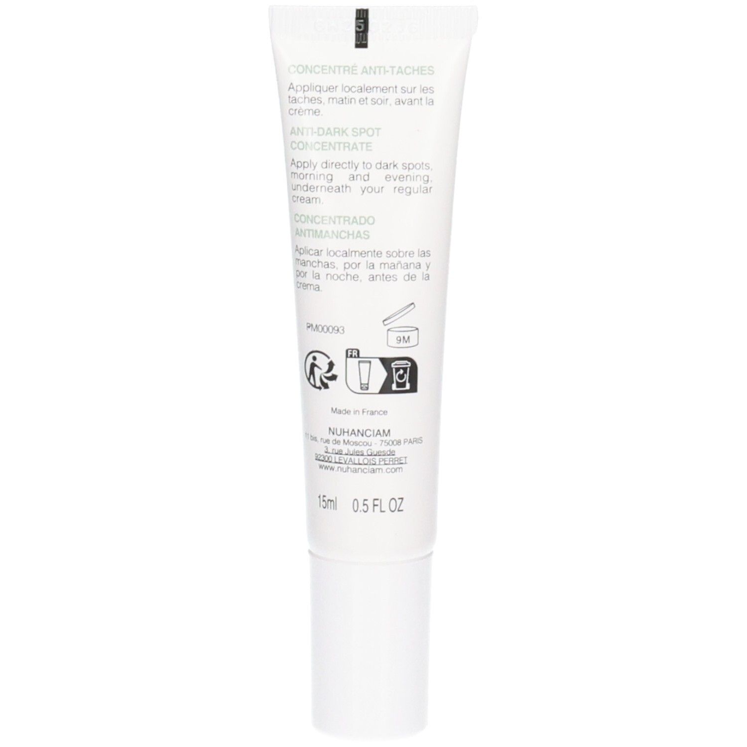 Arrière du tube Nuhanciam Concentré Anti-Taches avec instructions et informations produit.