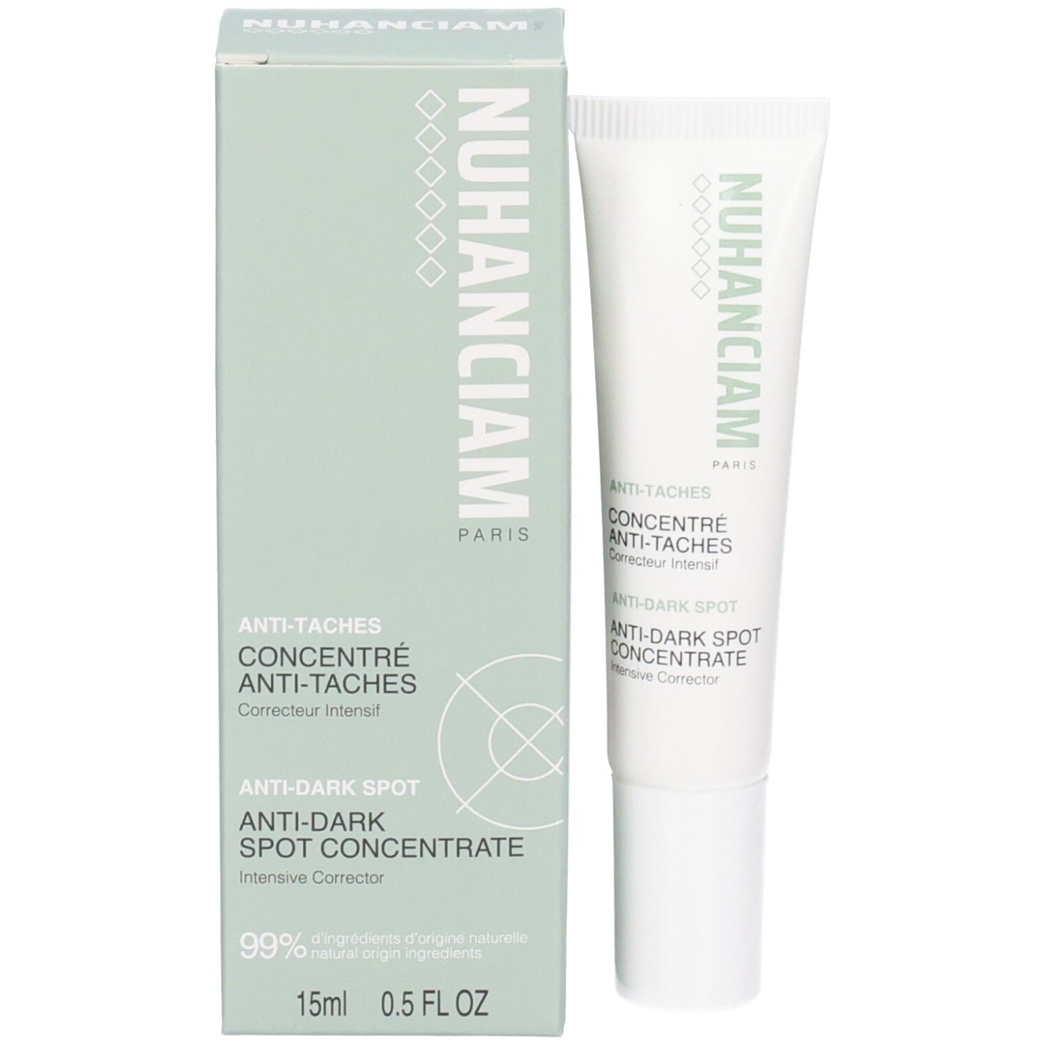 Tube et boîte Nuhanciam Concentré Anti-Taches. Tube blanc et boîte vert menthe.