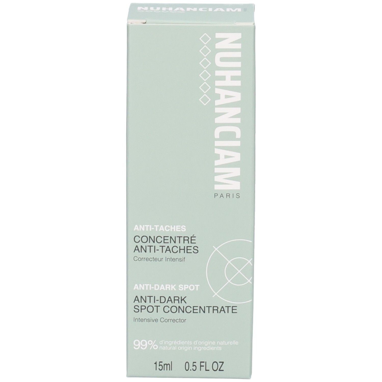 Avant de la boîte Nuhanciam Concentré Anti-Taches. Boîte vert menthe avec informations produit.