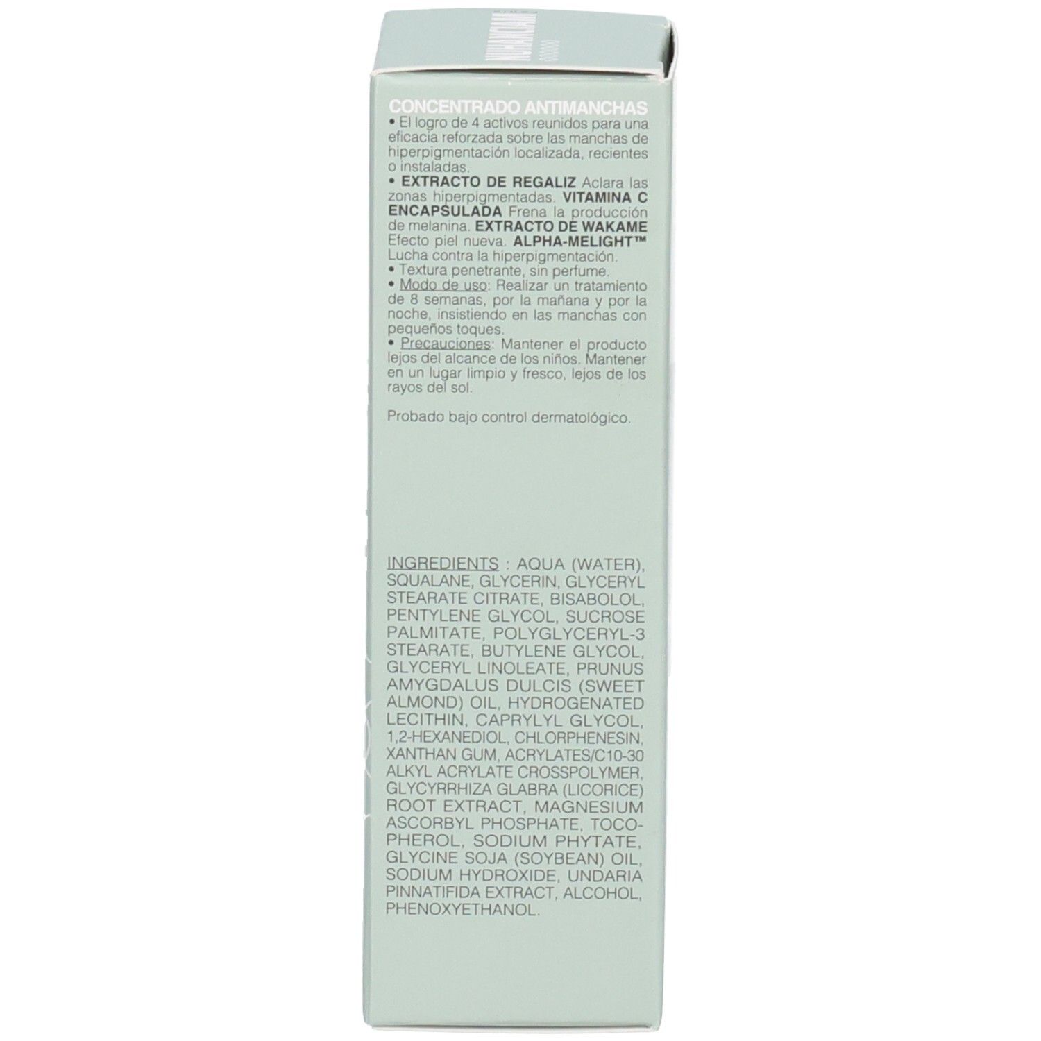Vue latérale de la boîte Nuhanciam Concentré Anti-Taches avec ingrédients et instructions.