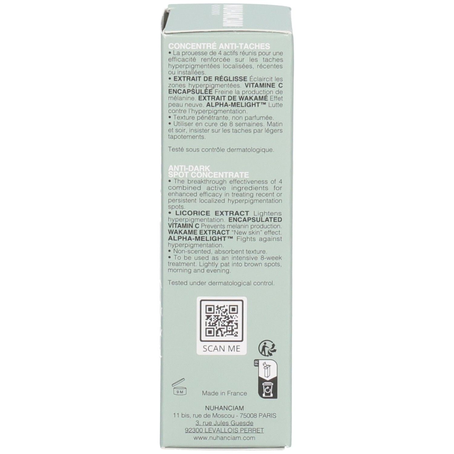 Avant de la boîte Nuhanciam Concentré Anti-Taches. Boîte vert menthe avec nom du produit.