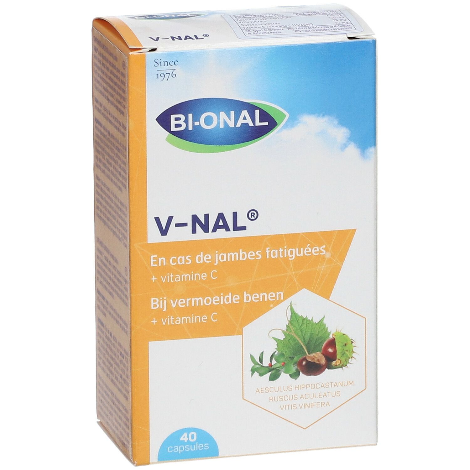 Boîte de V-NAL. Inscription: BIONAL, V-NAL, 40 capsules. Texte en français et néerlandais. Illustration de feuilles et de fruits.