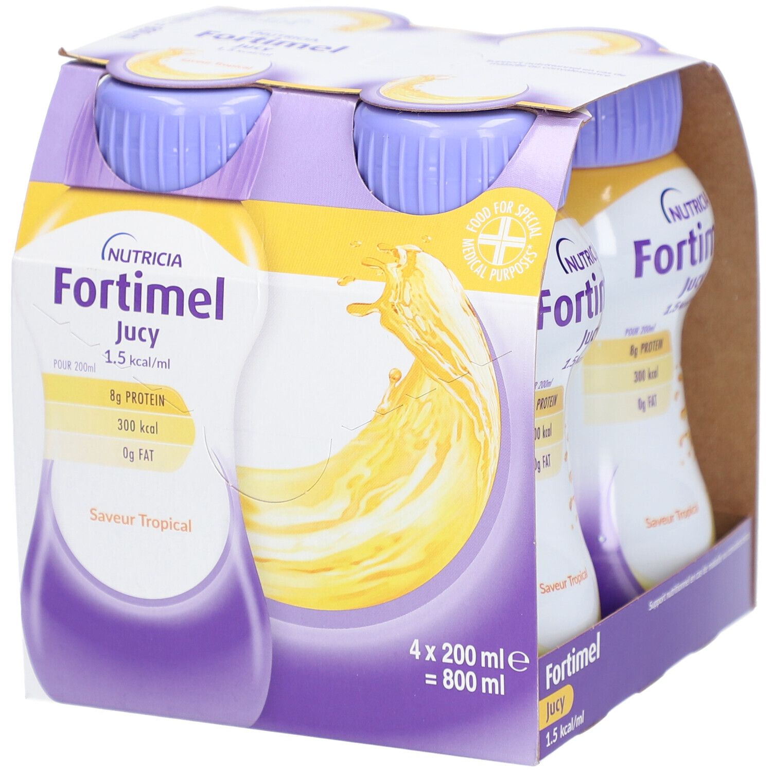 Emballage de quatre bouteilles Nutricia Fortimel Jucy 1,5 kcal/ml. Goût tropical, 4 x 200 ml. Bouchons violets, boisson jaune.