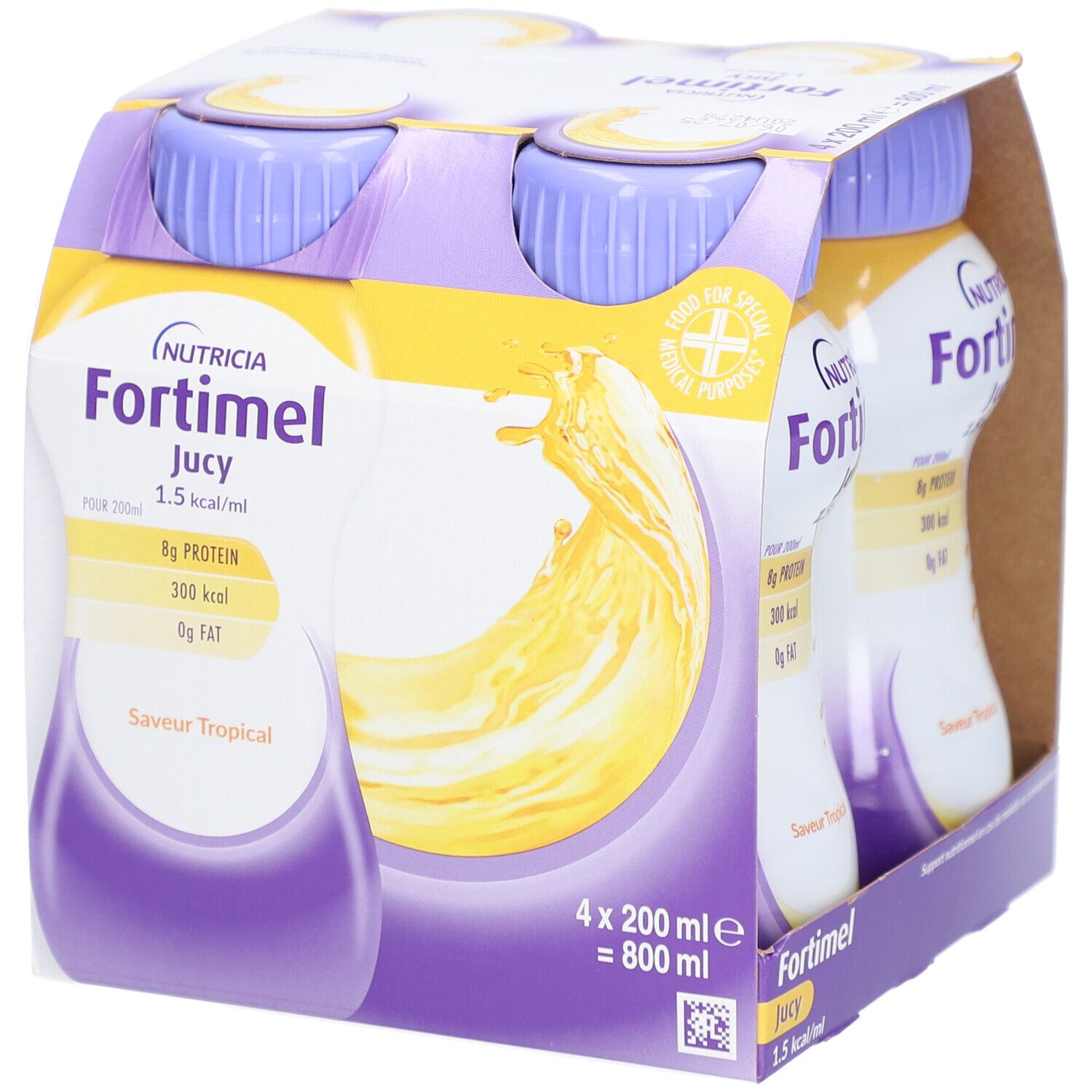 Emballage de quatre bouteilles Nutricia Fortimel Jucy 1,5 kcal/ml. Goût tropical, 4 x 200 ml. Bouchons violets, boisson jaune.