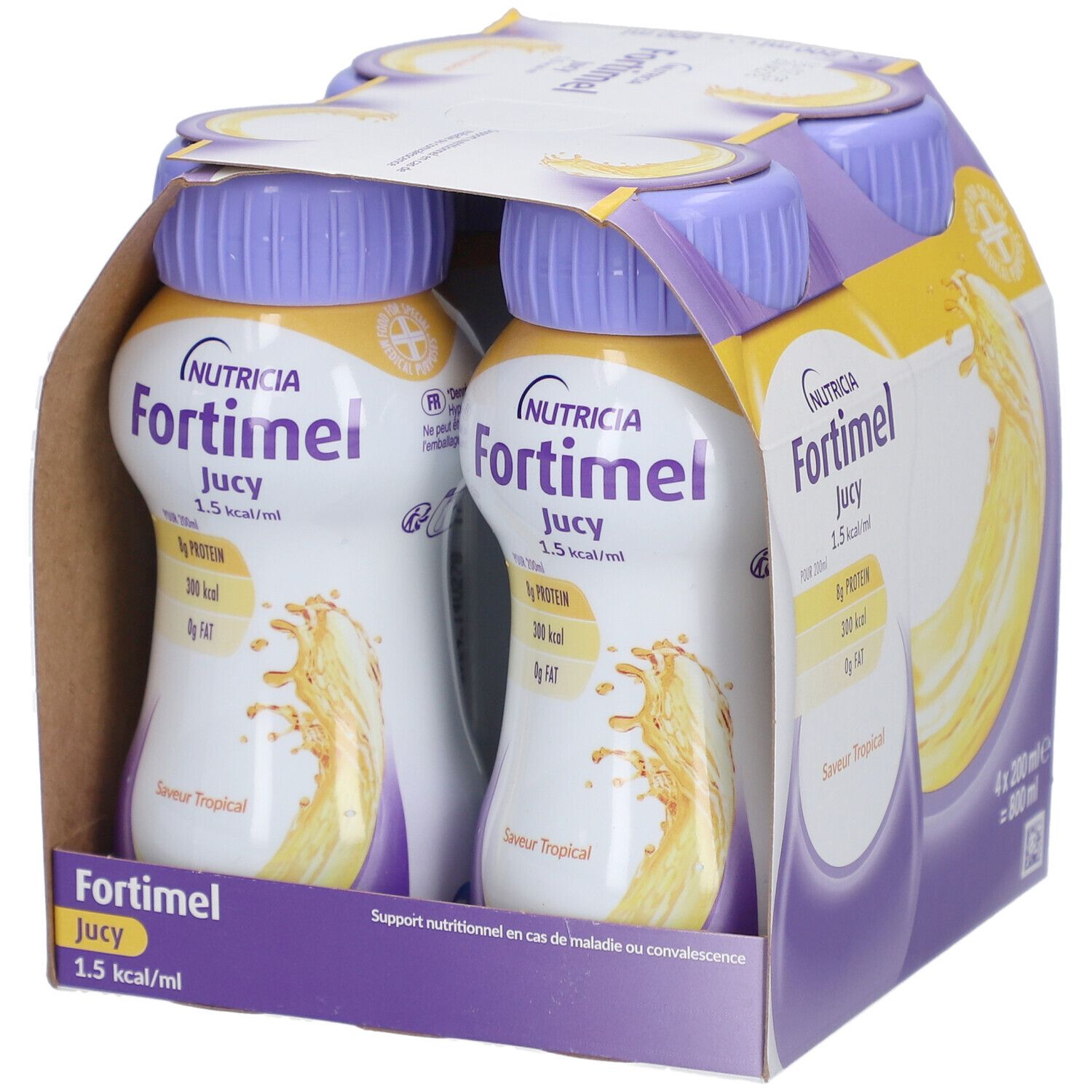 Emballage de quatre bouteilles Nutricia Fortimel Jucy 1,5 kcal/ml. Goût tropical, 4 x 200 ml. Bouchons violets, boisson jaune.