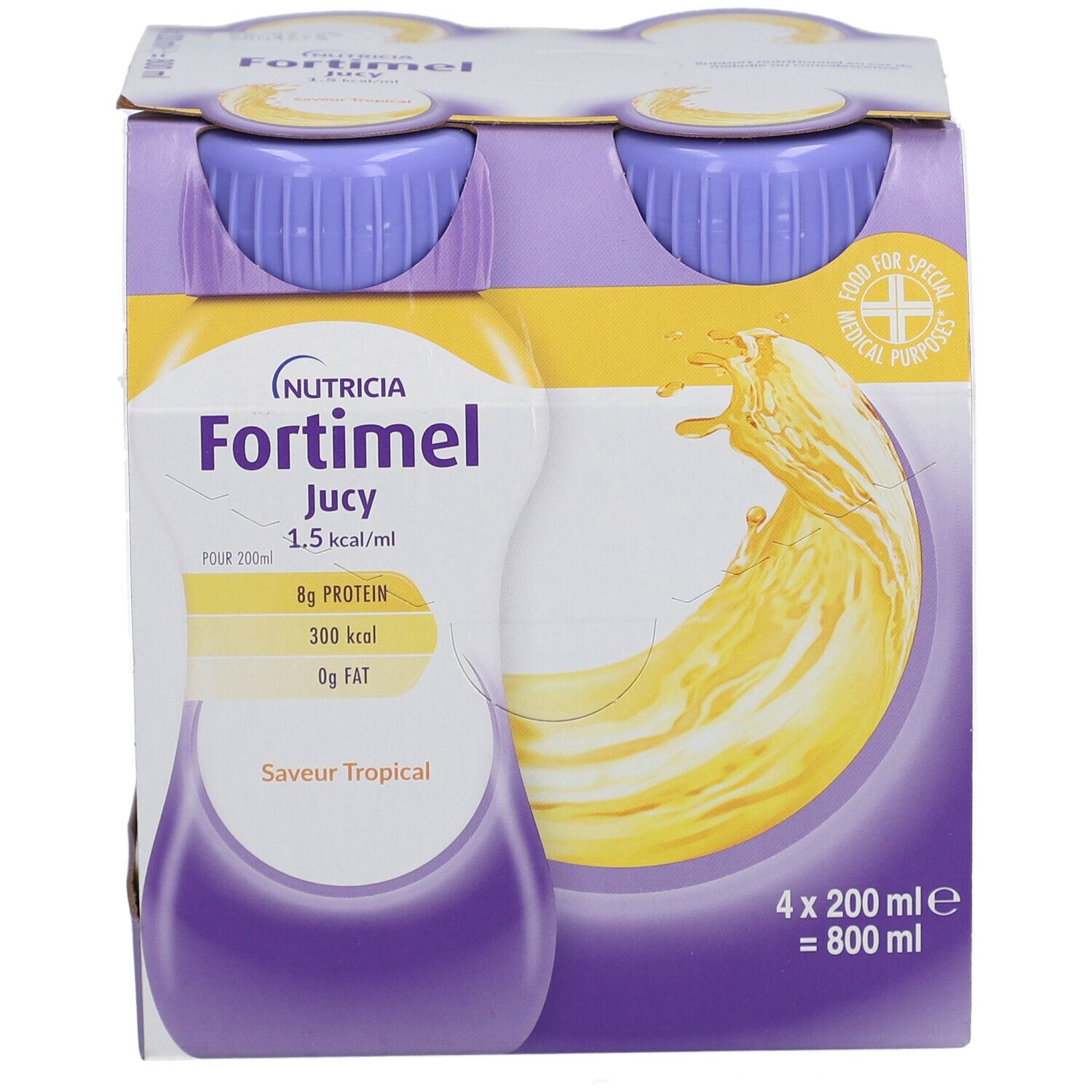 Emballage de quatre bouteilles Nutricia Fortimel Jucy 1,5 kcal/ml. Goût tropical, 4 x 200 ml. Bouchons violets, boisson jaune.