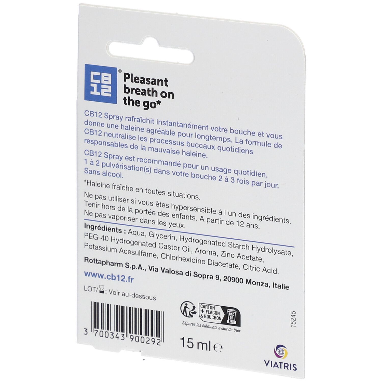 CB12 - Spray Buccal - Haleine Fraîche en toutes situations - Usage quotidien, sans alcool - Arôme menthe - Spray 15ml