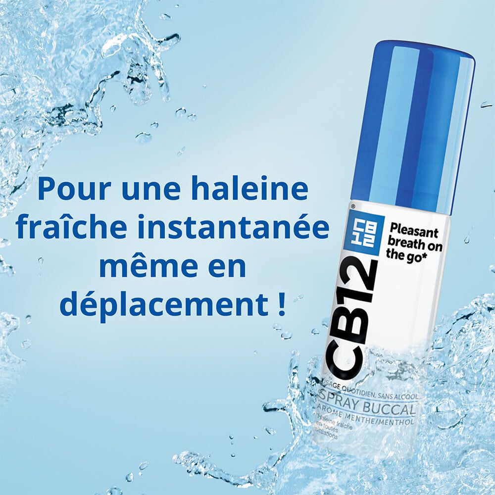 Spray buccal CB12. Flacon bleu. Fraîcheur instantanée, même en déplacement. Eau.