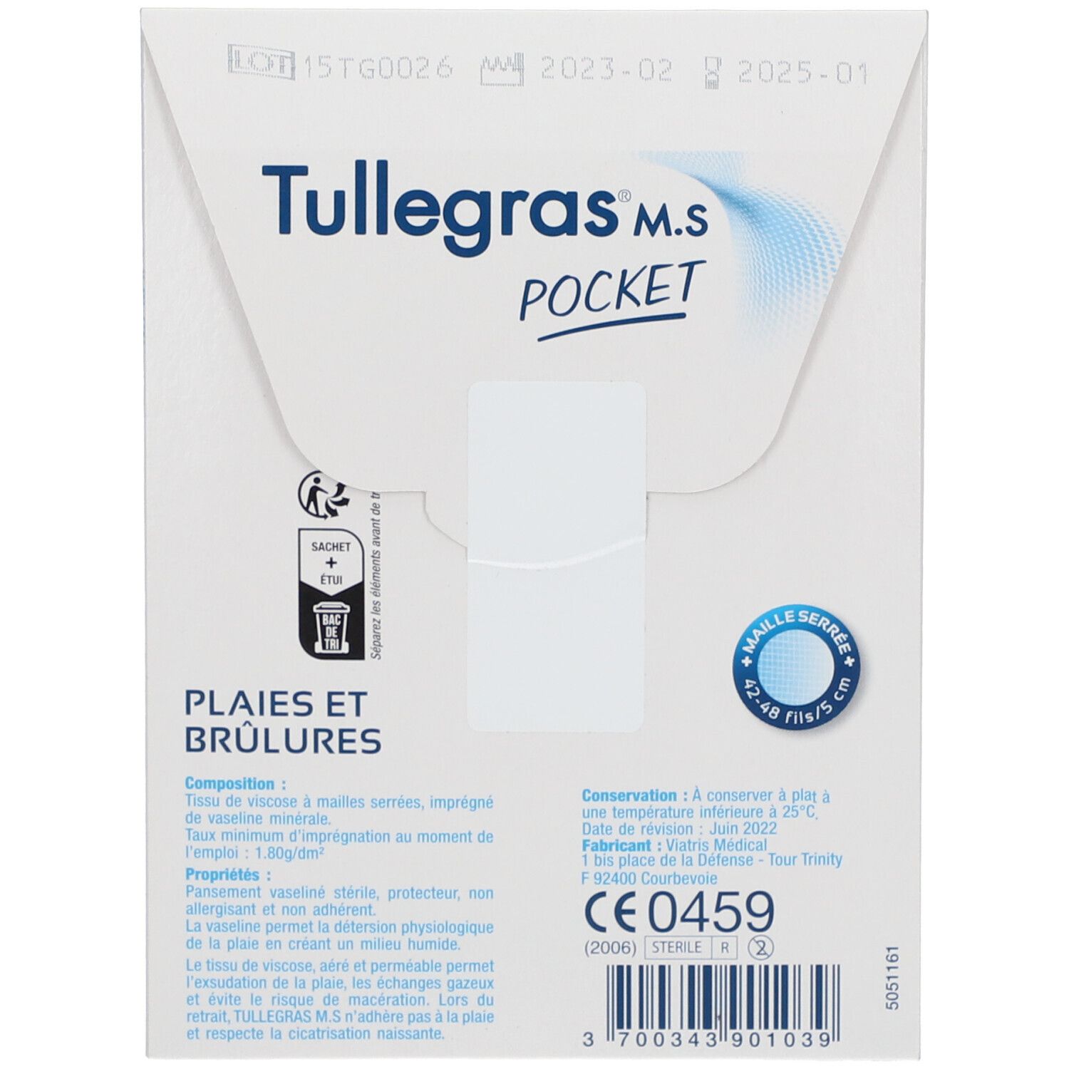T​ulle Gras MS Pocket, Pansement gras protecteur, vaseliné, stérile 5 cm x 10 cm