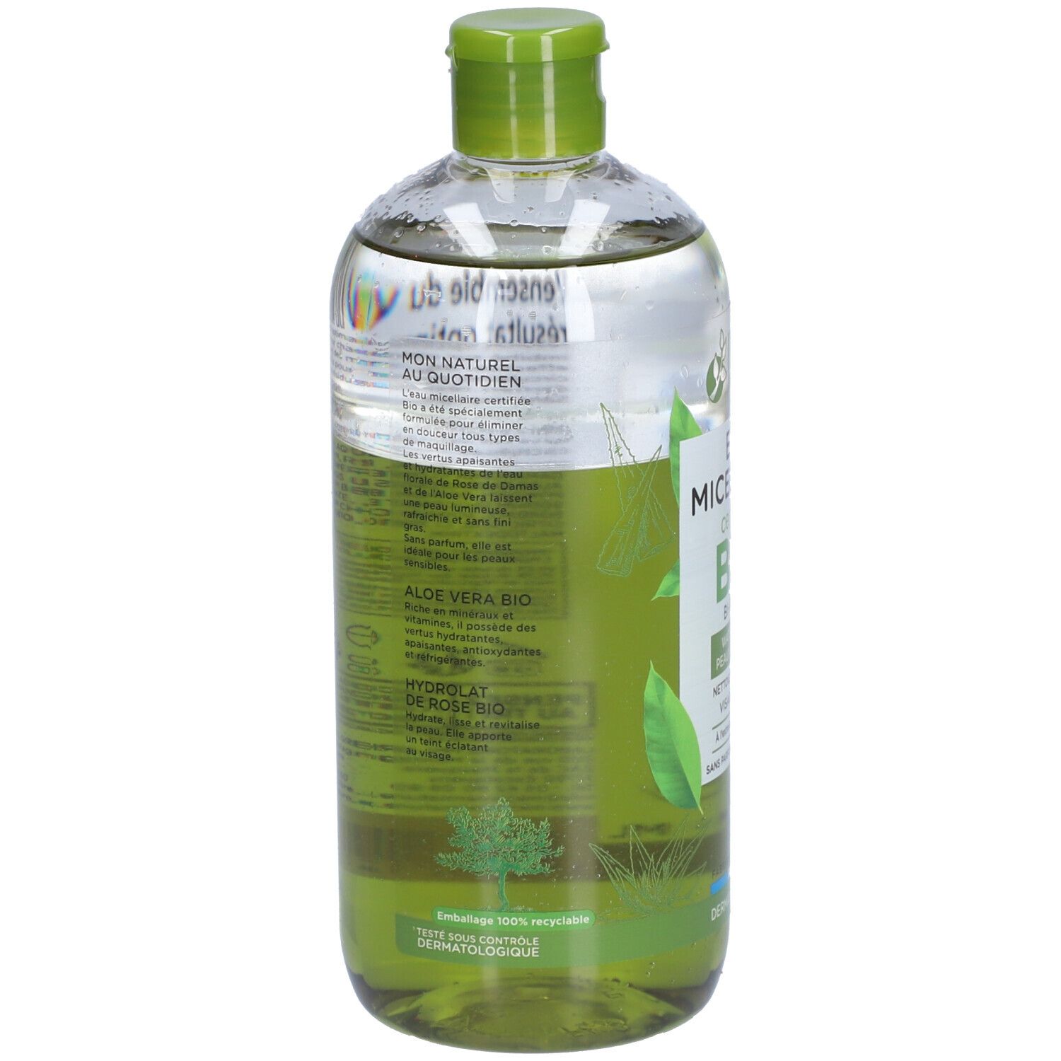 Vue arrière du flacon. Étiquette avec texte, ingrédients et certifications. Liquide vert et transparent.
