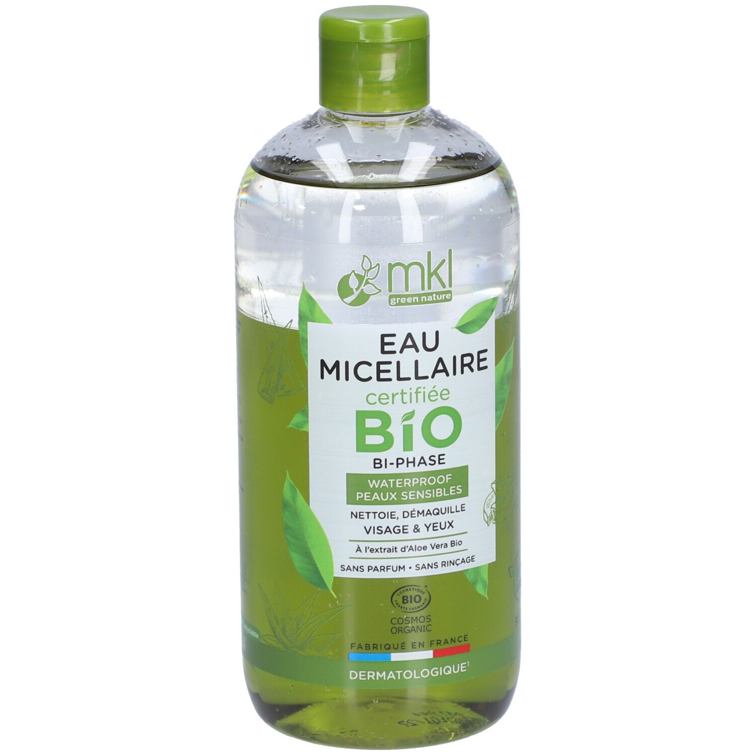 Flacon transparent avec bouchon vert. Étiquette avec nom du produit, certification et ingrédients. Liquide clair.