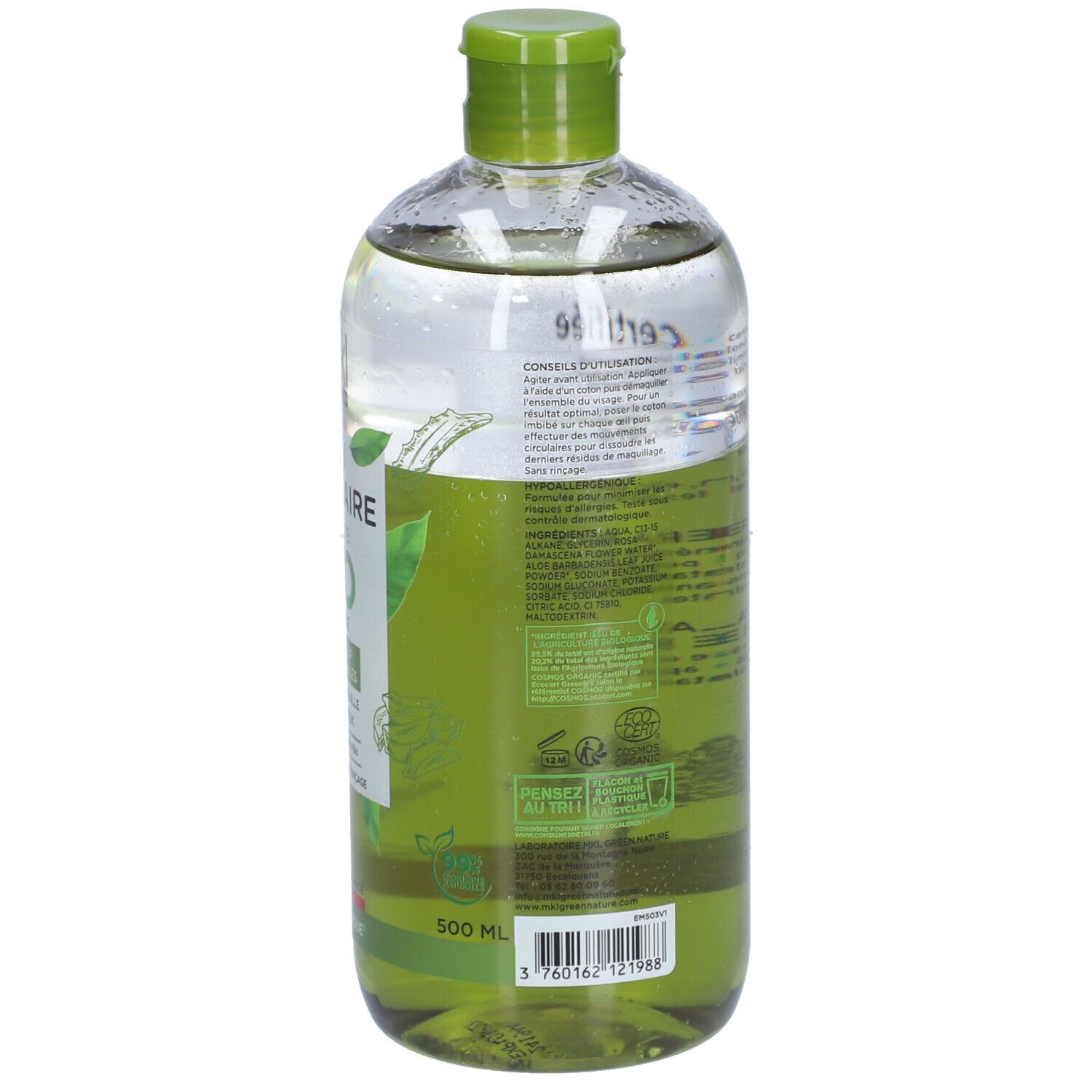 Vue arrière du flacon. Étiquette avec texte, ingrédients et certifications. Liquide vert et transparent.