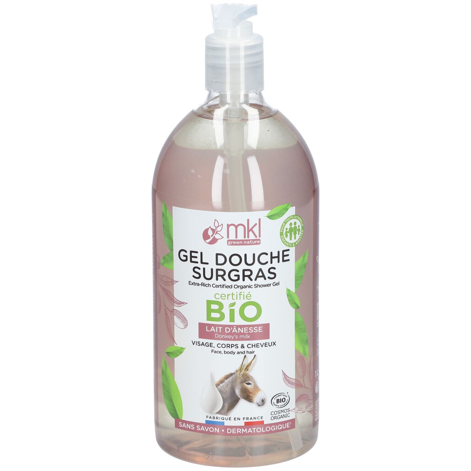 Flacon transparent avec liquide rose. Inscription: GEL DOUCHE SURGRAS CERTIFIÉ BIO. Au lait d'ânesse. Avec pompe.
