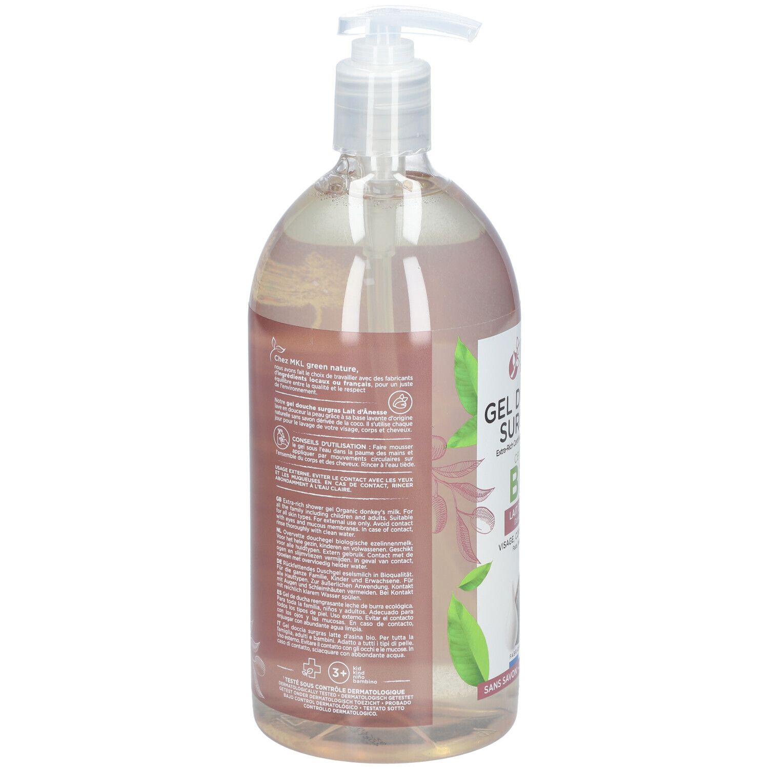 Dos du flacon. Texte multilingue. Inscription: GEL DOUCHE SURGRAS. Au lait d'ânesse. Avec pompe.