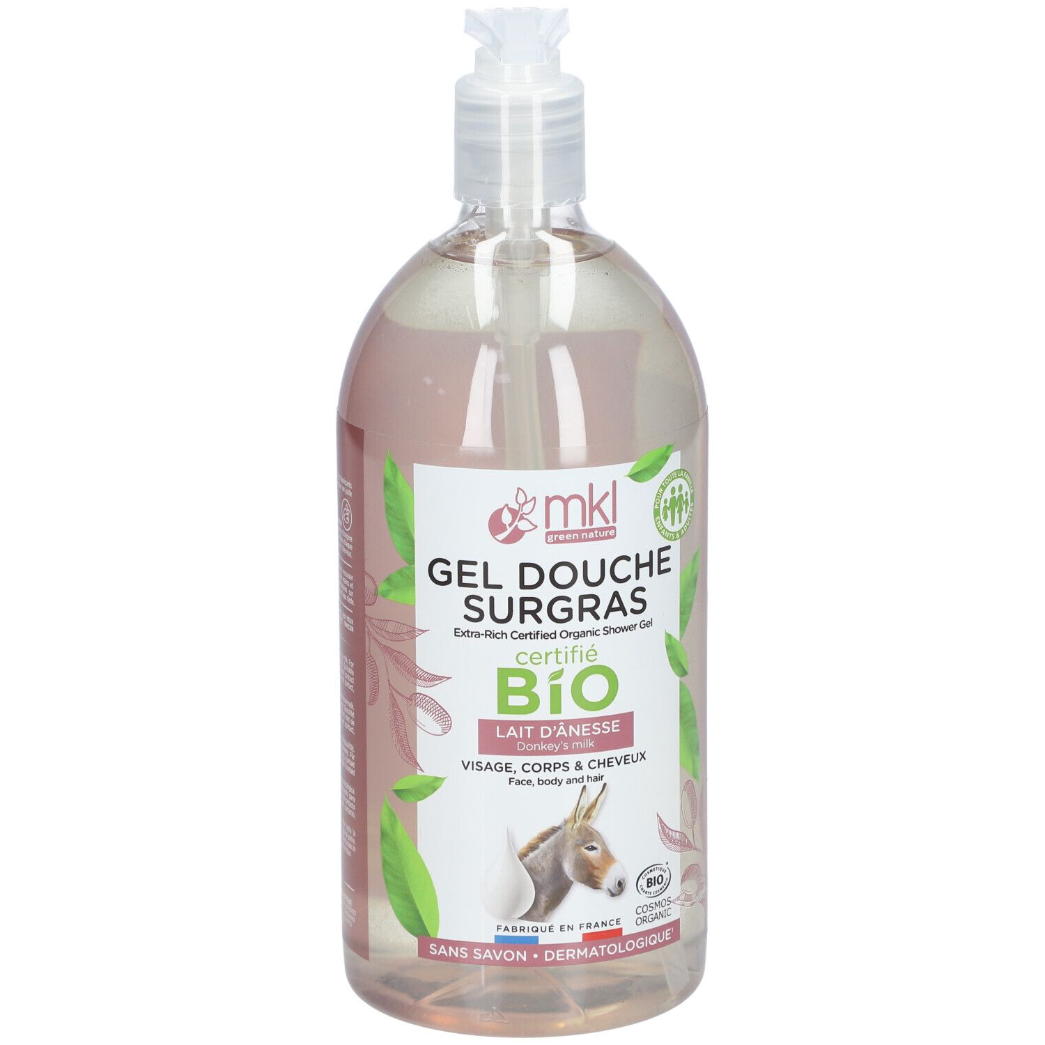 Flacon transparent avec liquide rose. Inscription: GEL DOUCHE SURGRAS CERTIFIÉ BIO. Au lait d'ânesse. Avec pompe.